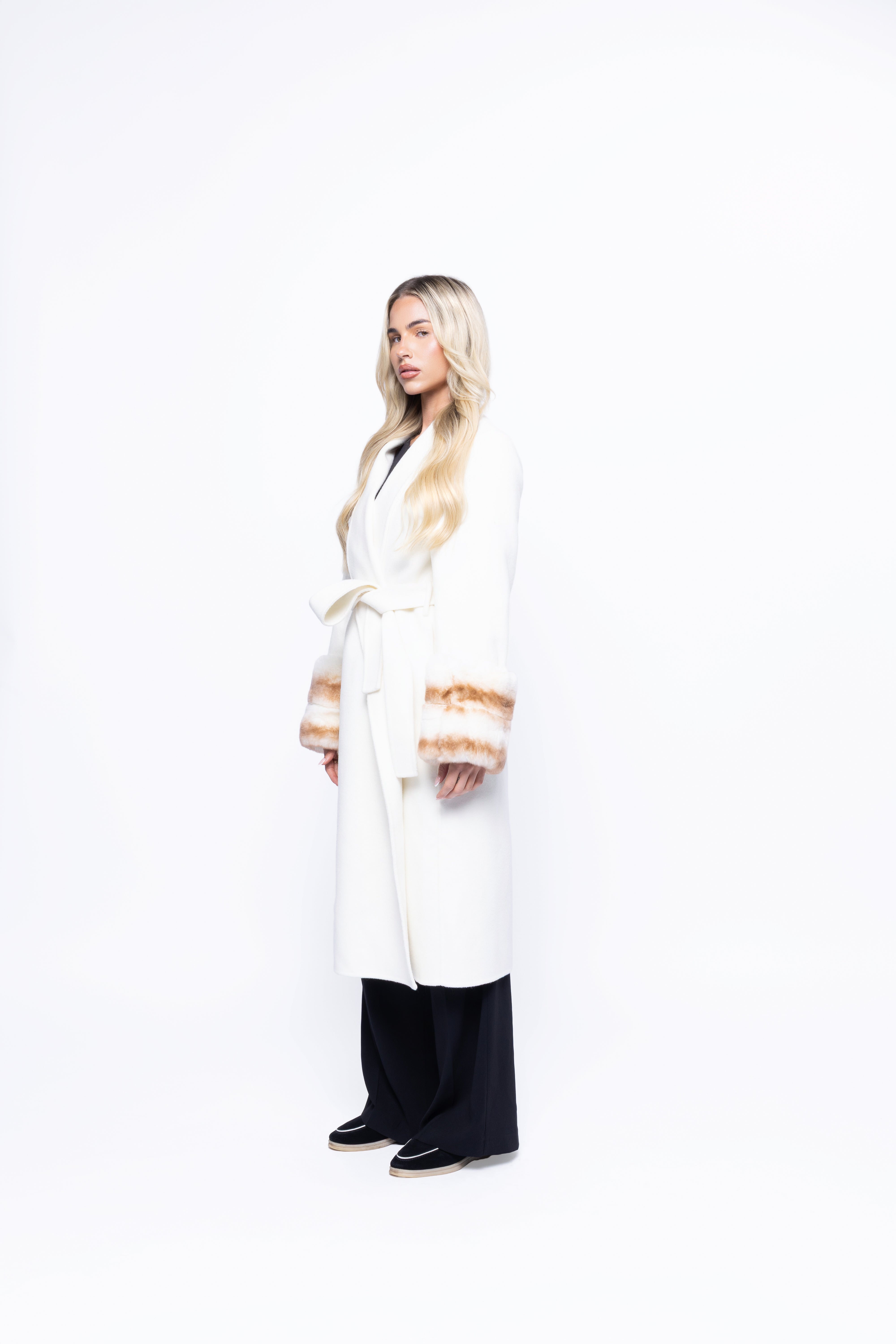 Aurelia Wool Coat with Fur Cuffs – White
