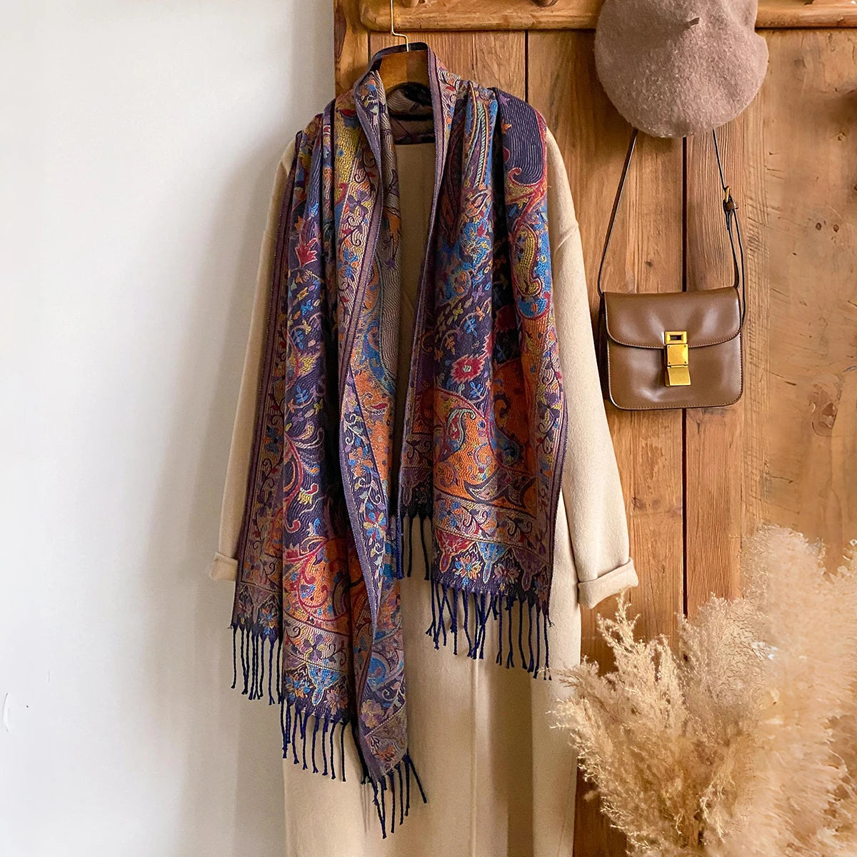 Winter Women's Thick Pashmina Shawl National Style Warm Long Tassel Scarf with Flower Embellishment Versatile Poncho Stole