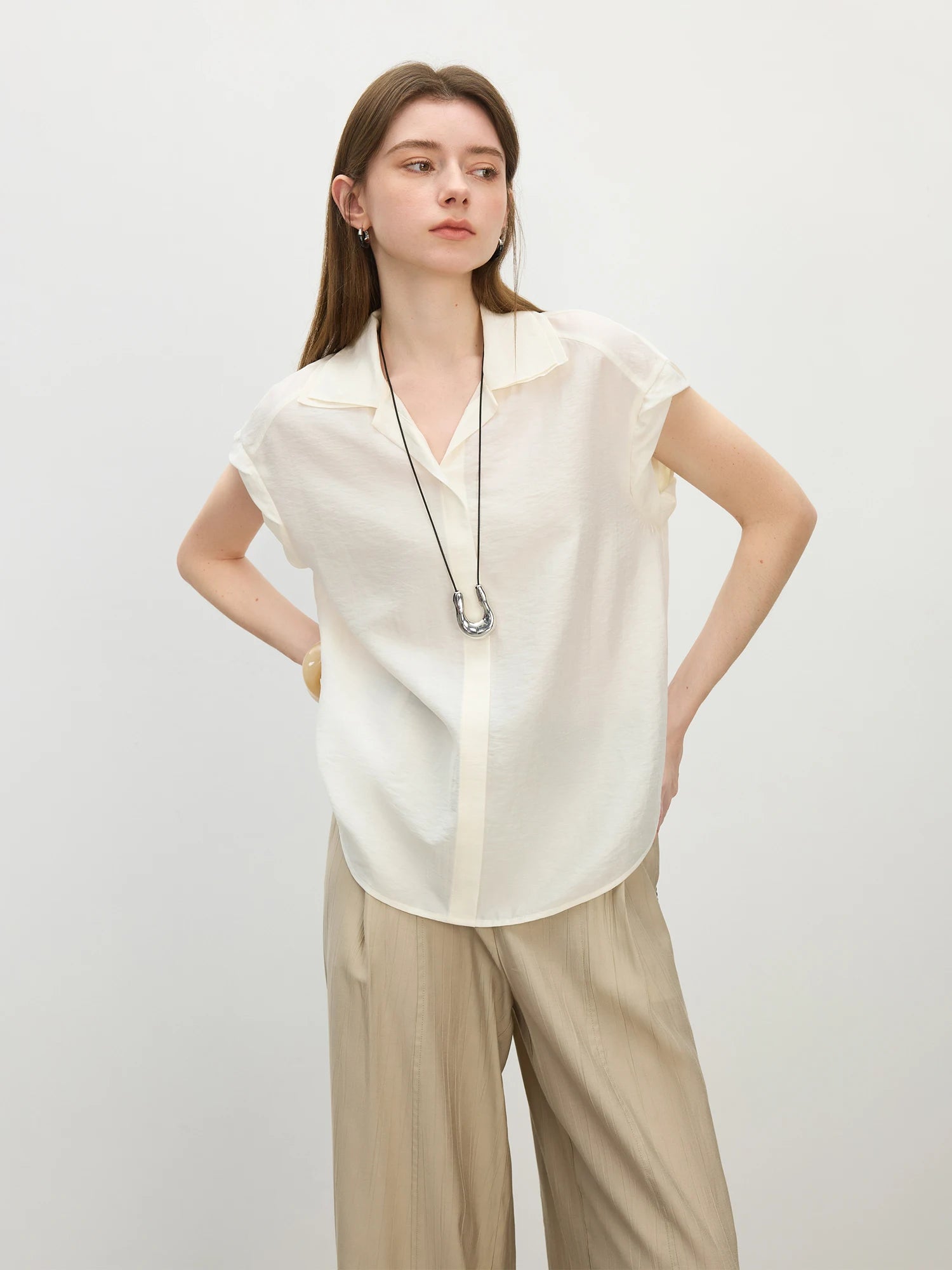 FSLE Women's Double-Layer Turn-Up Collar Flattering Fit Casual Commuter Shirt, 2025 Summer New Style Short Sleeve 25FS12465