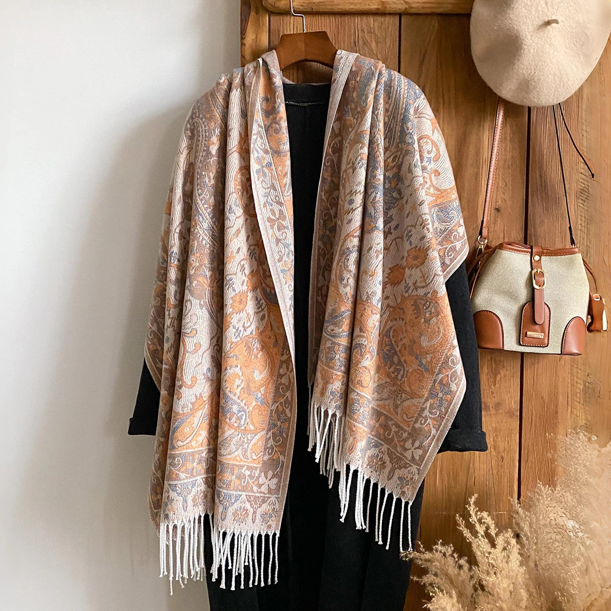 Winter Women's Thick Pashmina Shawl National Style Warm Long Tassel Scarf with Flower Embellishment Versatile Poncho Stole