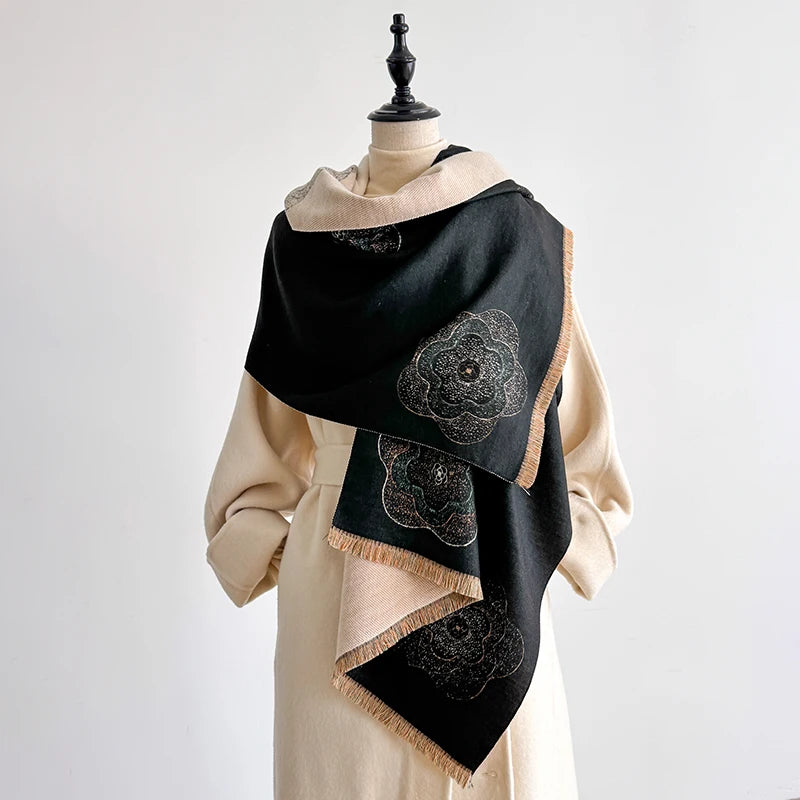 Luxury Designer Brand Winter Blanket Scarf Shawls for Women - Warm Floral Pashmina Print Large Wrap Imitation Cashmere Foulard