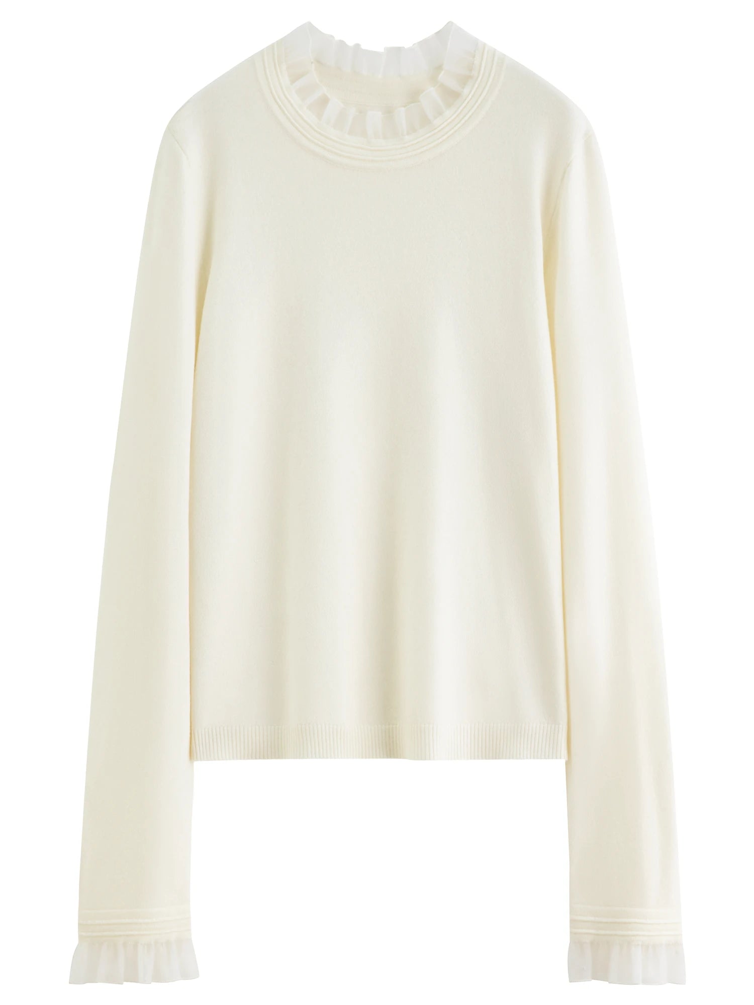 FSLE 2025 Women's Mock Neck Knit Top - Ruffle Trim Detail Layering Staple Autumn Winter Base Layer with Soft Stretch Fit