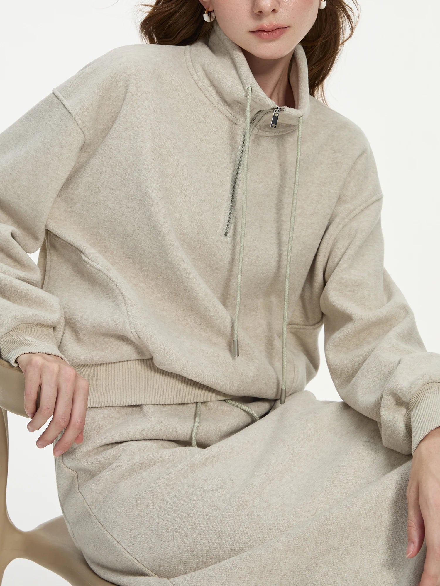 FSLE Women Sweatshirt Set Winter Thick Grey Commuter Sweatshirts Elastic Waist Long Spilt A-Line Women Skirt 24FS14491+24FS14492