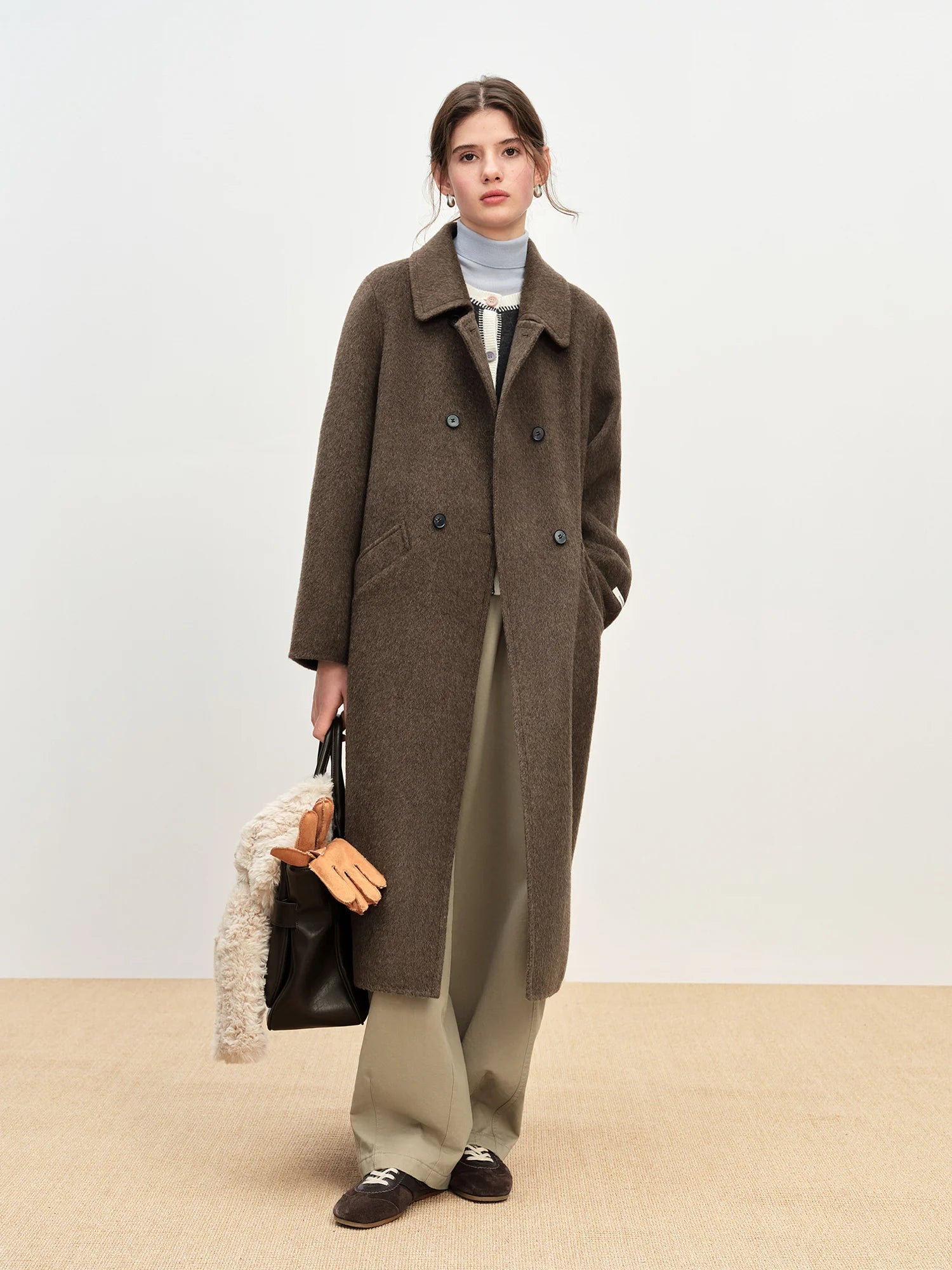 FSLE 2025 Women's Yak Wool Blend Coat - Peter Pan Collar Double Breasted Winter Trench with Flattering Silhouette Office Elegant