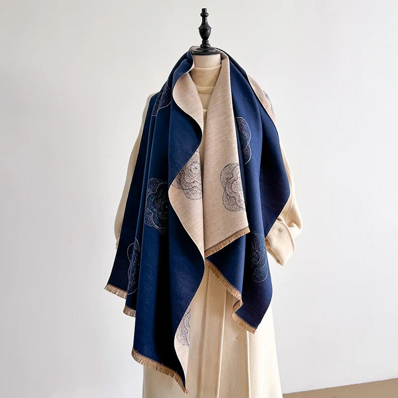 Luxury Designer Brand Winter Blanket Scarf Shawls for Women - Warm Floral Pashmina Print Large Wrap Imitation Cashmere Foulard