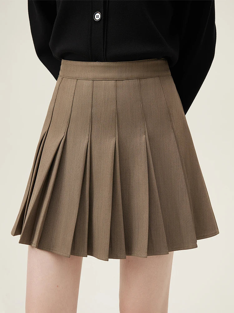 FSLE 【3 Colors】Office Lady Twill Pleated Apricot Above-Knee Length Skirts High Waist Zipper Waist Spring Mini Skirt 24FS11141