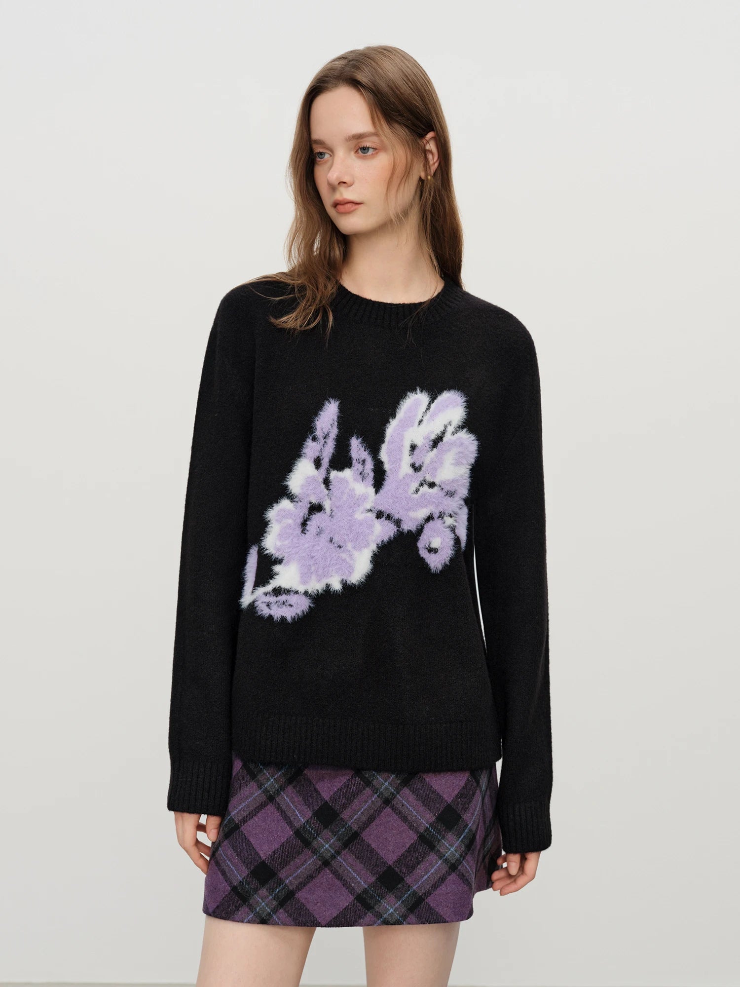 FSLE Winter 2025 Women's Floral Jacquard Knit Sweater - French Style Round Neck Pullover Warm Cozy Versatile Top