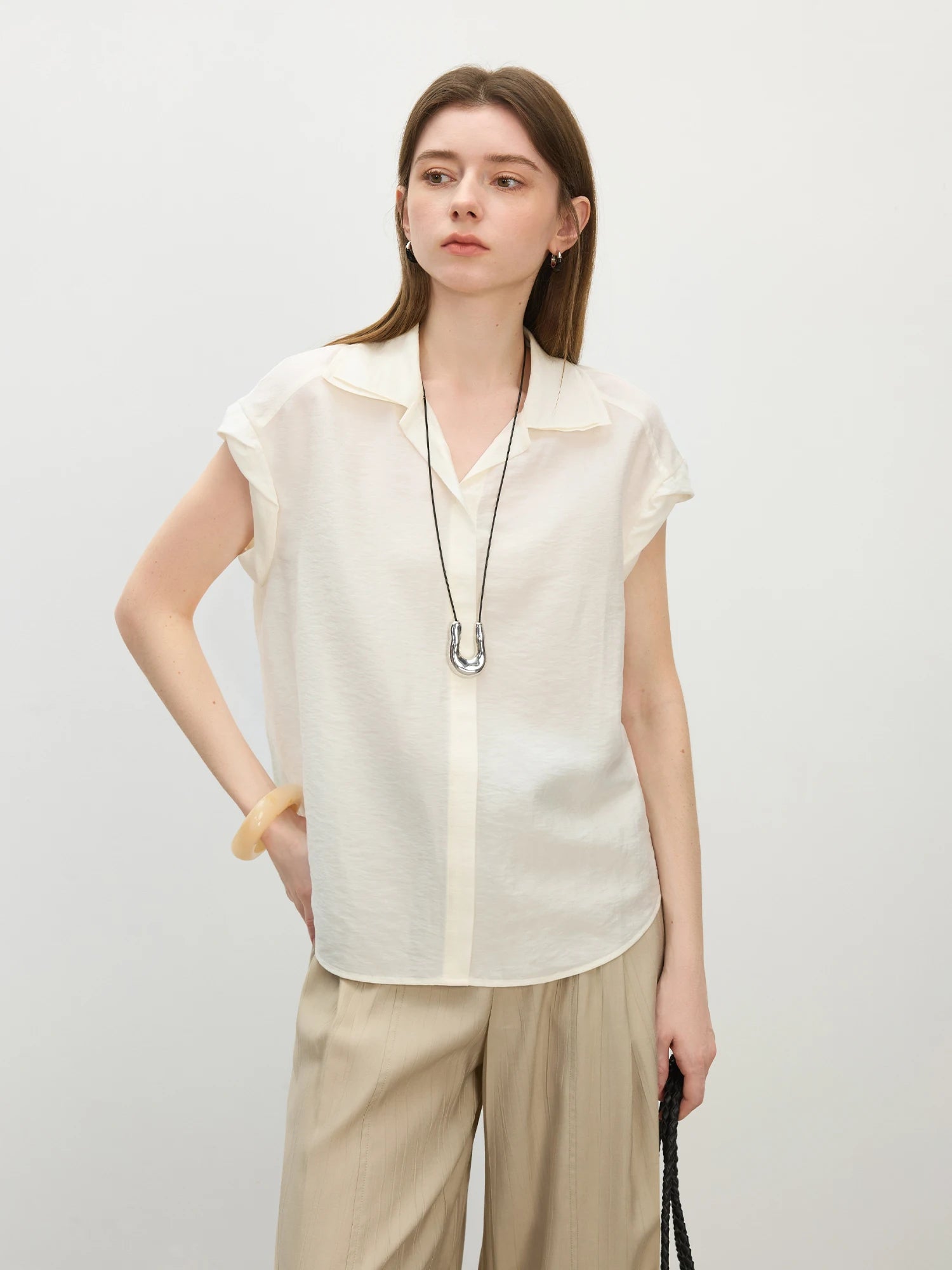 FSLE Women's Double-Layer Turn-Up Collar Flattering Fit Casual Commuter Shirt, 2025 Summer New Style Short Sleeve 25FS12465