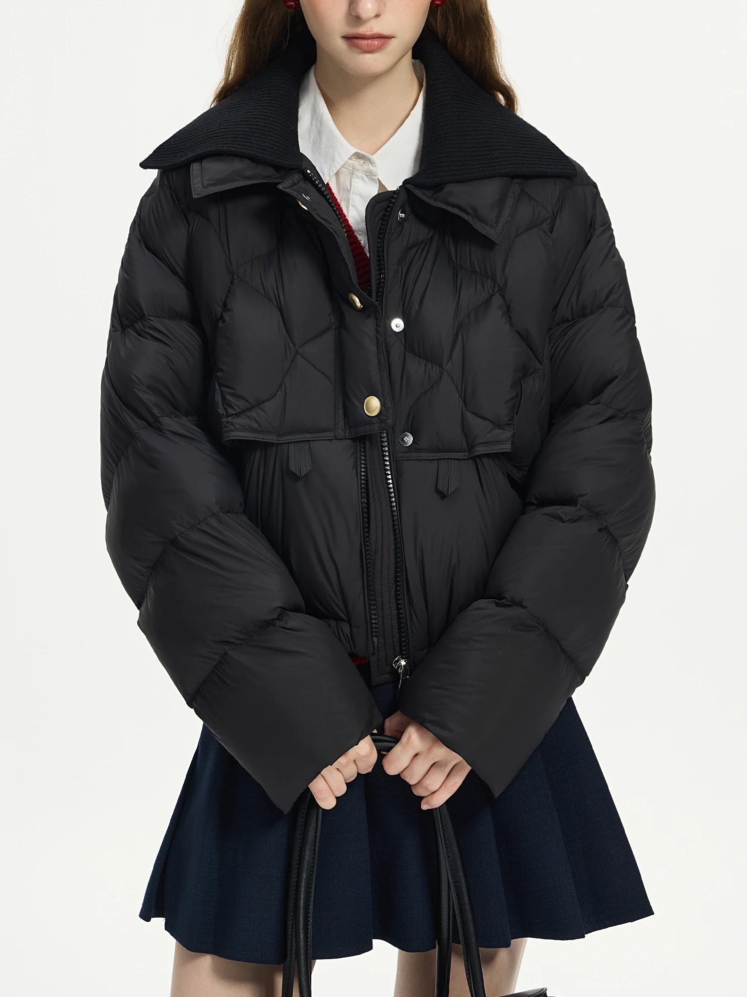 FSLE 126G Filling Amount Women Short Black Down Jackets Knit Neck Design Female Winter Lightweight Beige Down Coat 24FS14203