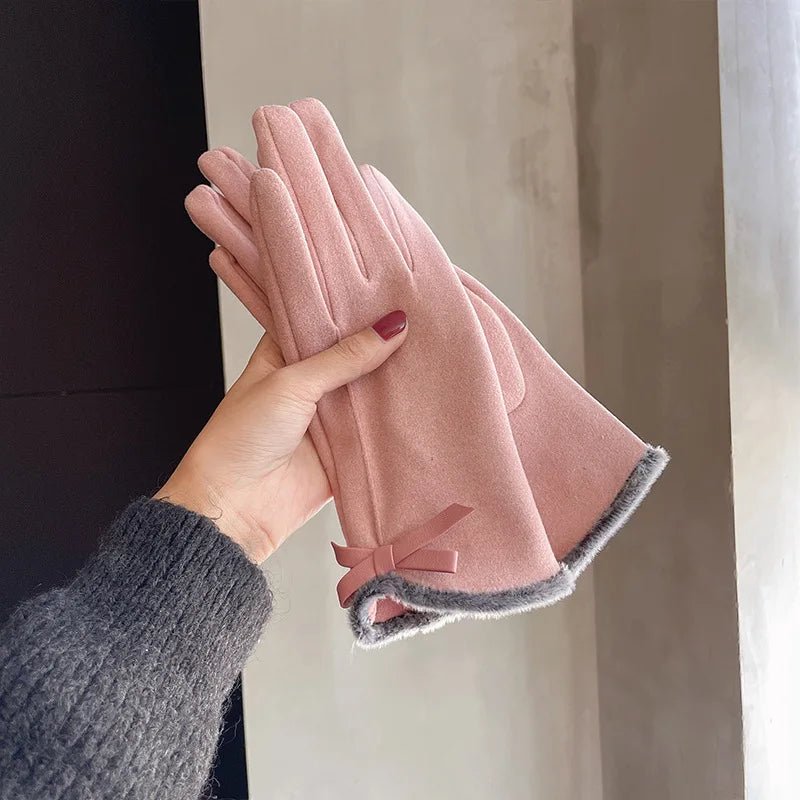 Winter women's gloves with touch screen for driving and cycling, thickened fleece for warmth and warmth, Korean version gentle