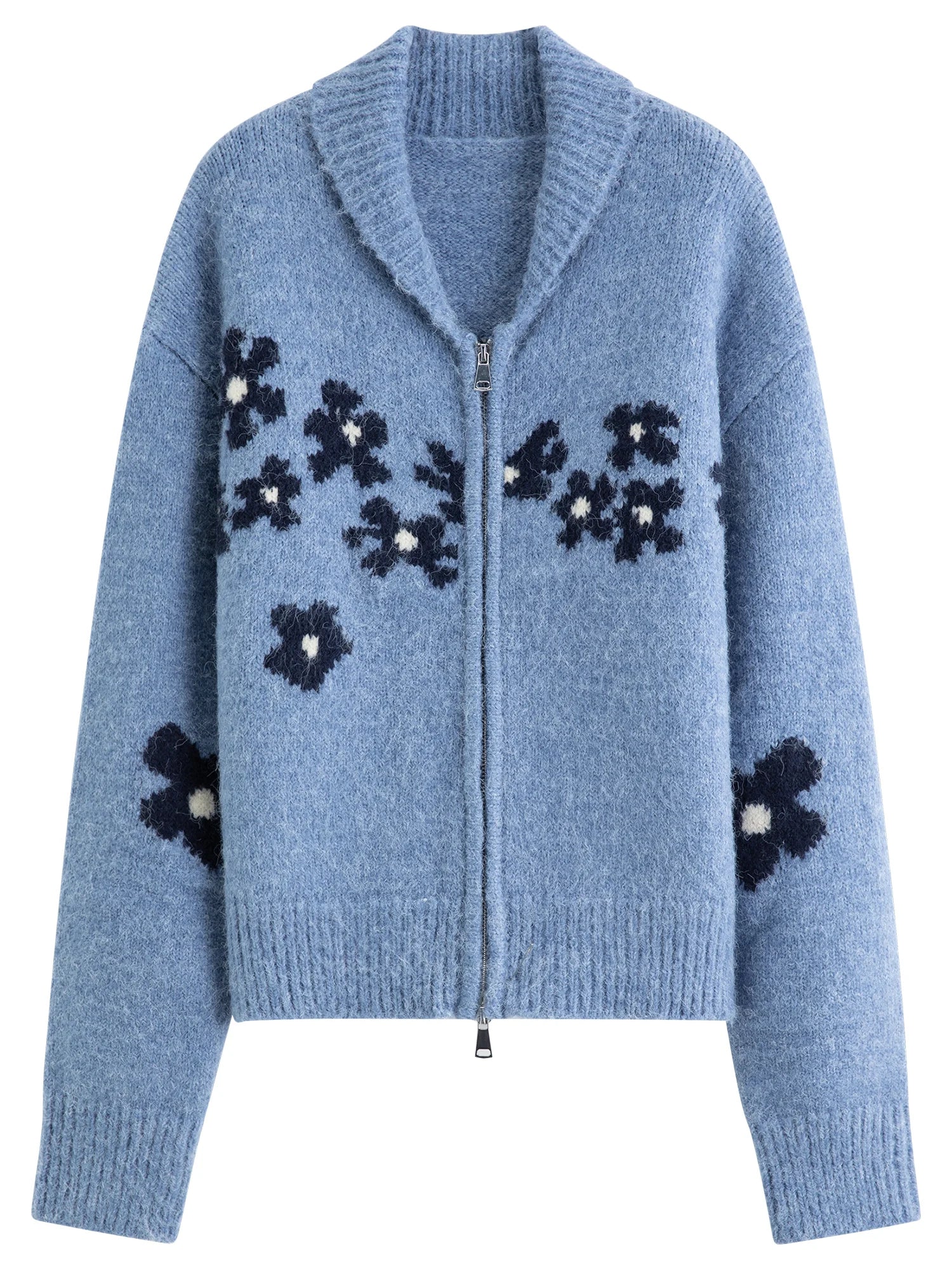 ​FSLE 2025 Winter Women's Retro Lazy Style Color Block Crochet Knit Sweater - Blue Open Front Cardigan for Casual Comfort​