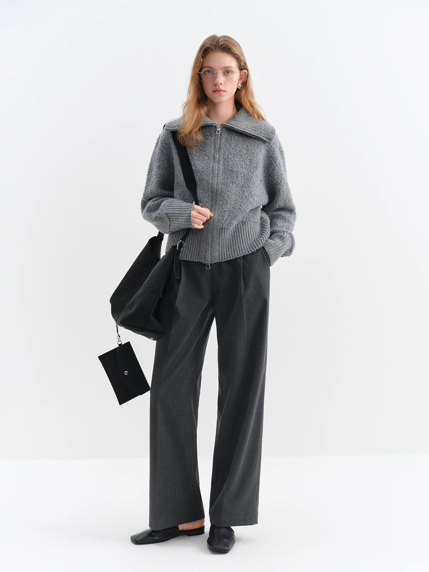 FSLE 2025 Winter Women's Grey Preppy Style Wide Notch Lapel Knit Cardigan - Casual Commute Open Front Sweater for Daily Elegant