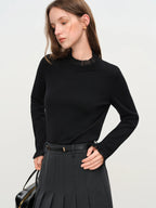 FSLE 2025 Women's Mock Neck Knit Top - Ruffle Trim Detail Layering Staple Autumn Winter Base Layer with Soft Stretch Fit