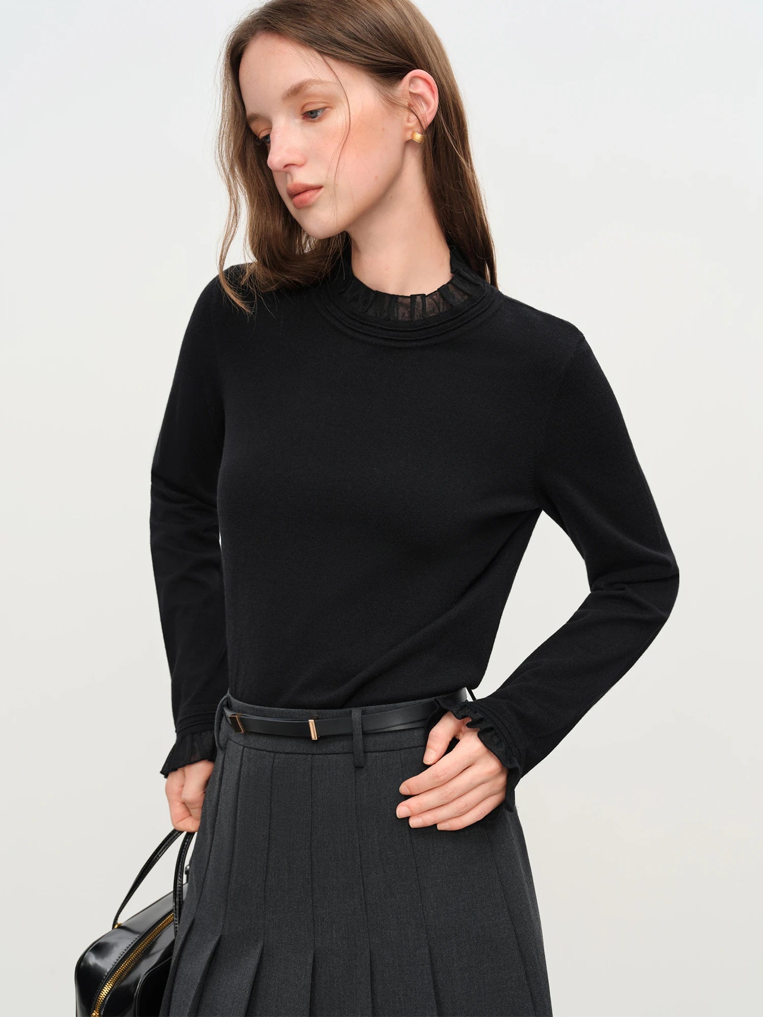 FSLE 2025 Women's Mock Neck Knit Top - Ruffle Trim Detail Layering Staple Autumn Winter Base Layer with Soft Stretch Fit
