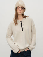 FSLE Contrast Color Loose Hooded Sweater for Women Winter 2025 New Embroidered Jacquard Hoodie Solid Simple Clean Fit