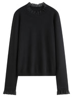 FSLE 2025 Women's Mock Neck Knit Top - Ruffle Trim Detail Layering Staple Autumn Winter Base Layer with Soft Stretch Fit