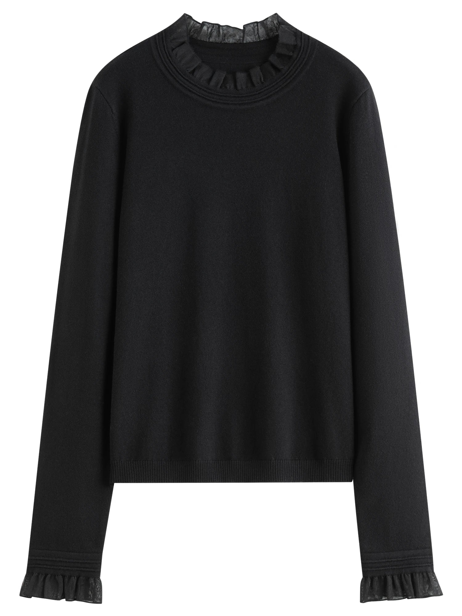 FSLE 2025 Women's Mock Neck Knit Top - Ruffle Trim Detail Layering Staple Autumn Winter Base Layer with Soft Stretch Fit