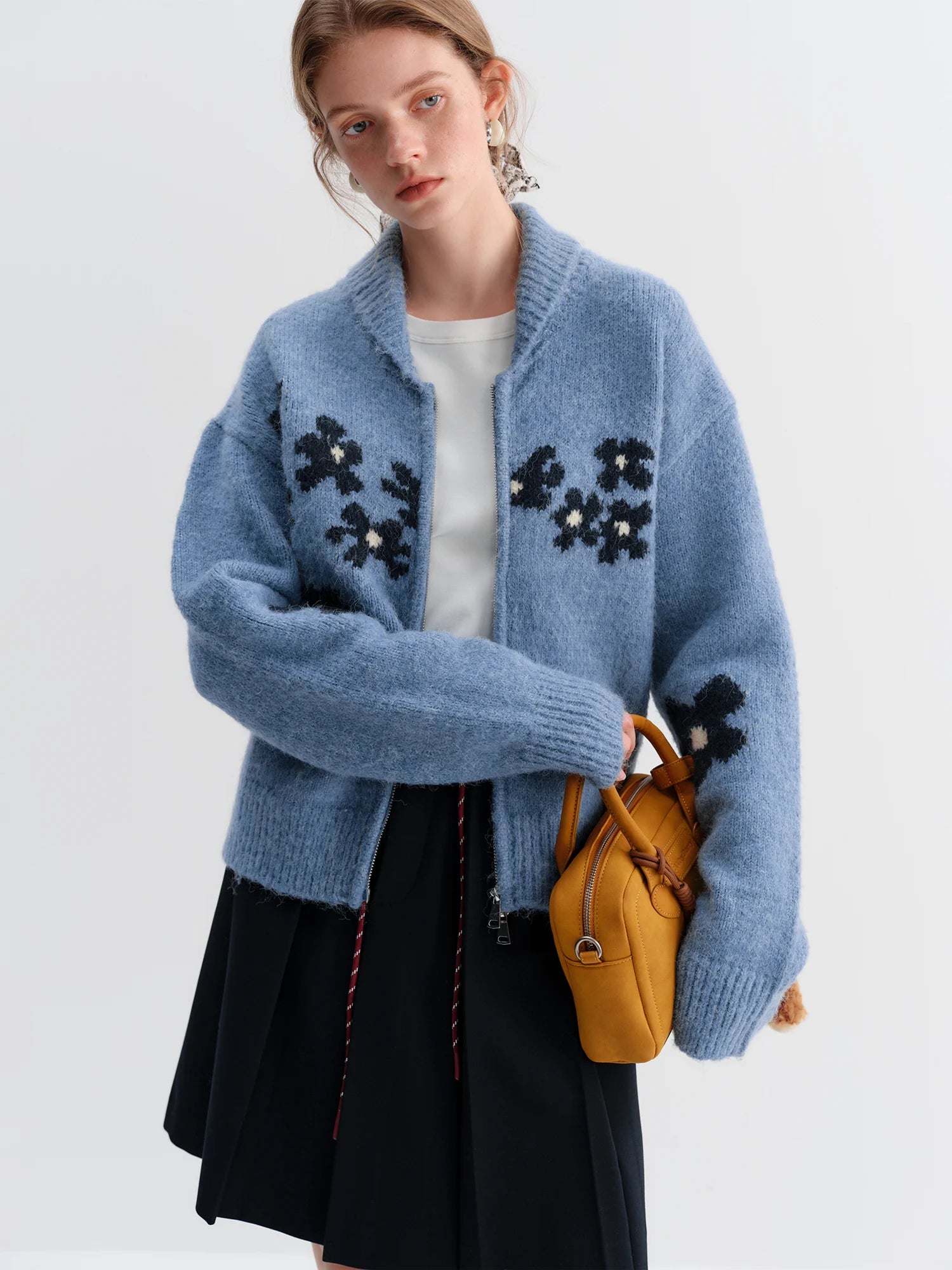 ​FSLE 2025 Winter Women's Retro Lazy Style Color Block Crochet Knit Sweater - Blue Open Front Cardigan for Casual Comfort​