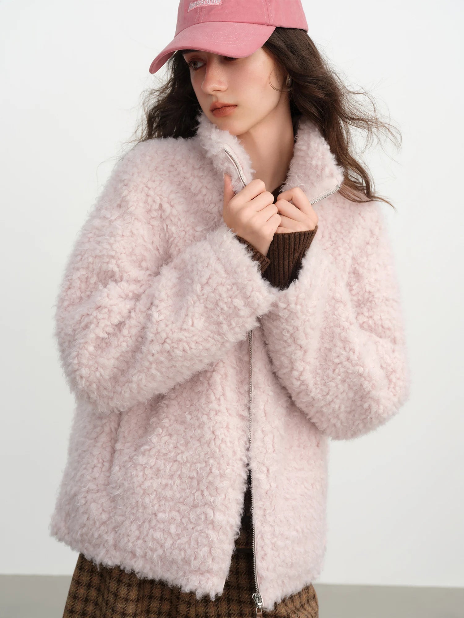 FSLE 2025 Winter New Women's Short Style Faux Fur Turndown Stand Collar Gentle and Soft Pink Textured Velvet Women Jacket