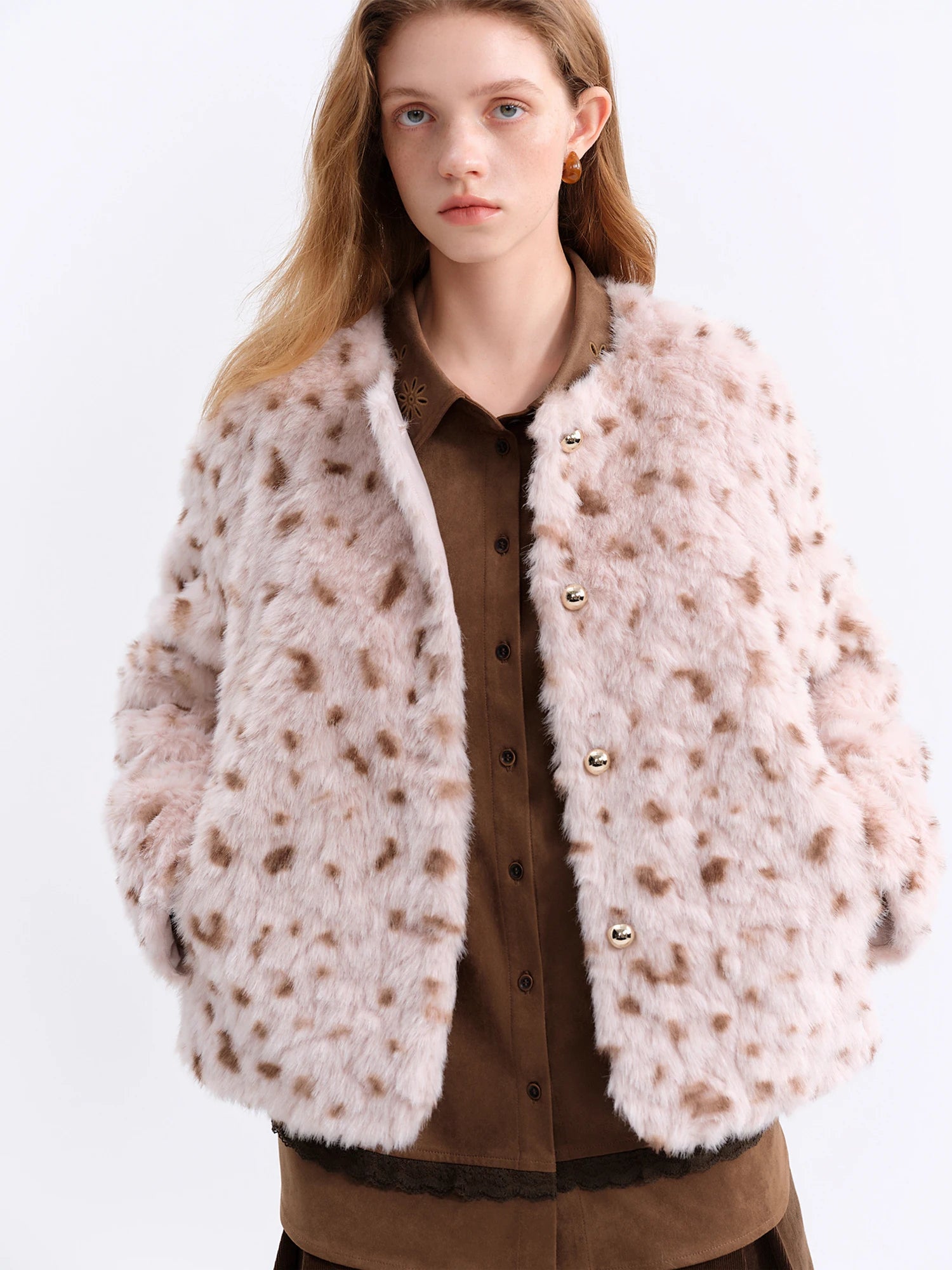 FSLE Chestnut Brown Leopard Print Women Faux Fur Stylish A-Line Trench Coat Fall Winter 2025 New Arrival Cozy Winter Essentials