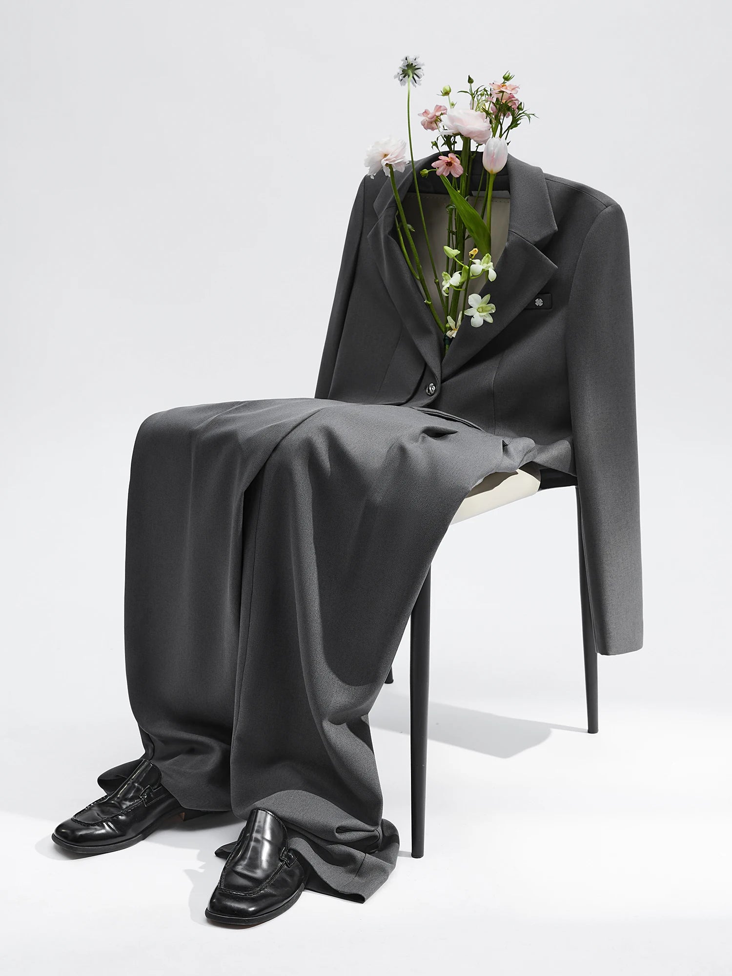 FSLE Women Spring Black Suit Sets Office Lady Temperament Short Single Button Blazers Full Length Trousers 25FS11065+25FS11066