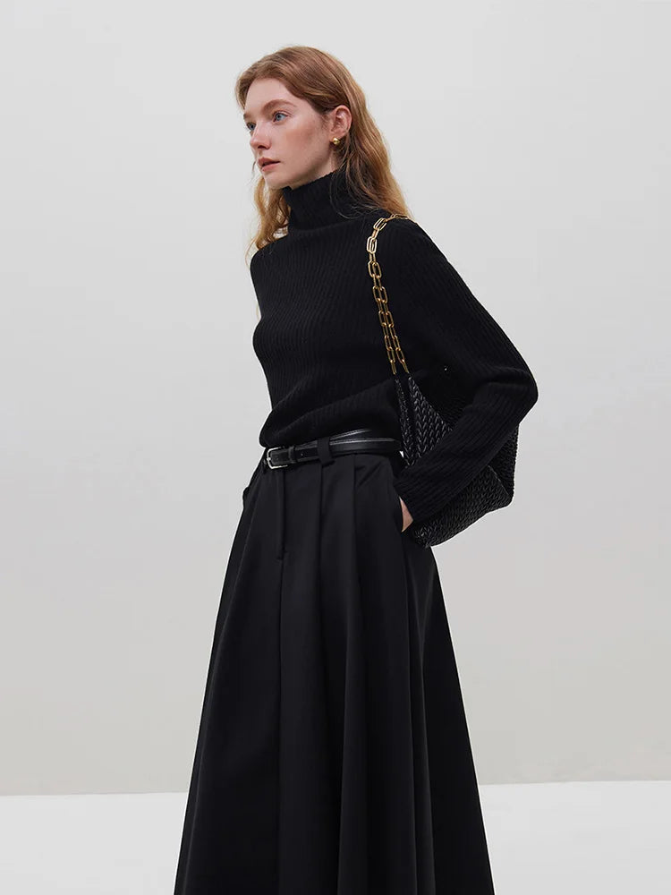 FSLE Warm Soft Pure Wool High Neck Knit For Women's Autumn Winter 2023 New Underlay Black White Grey Women Pullovers Casual