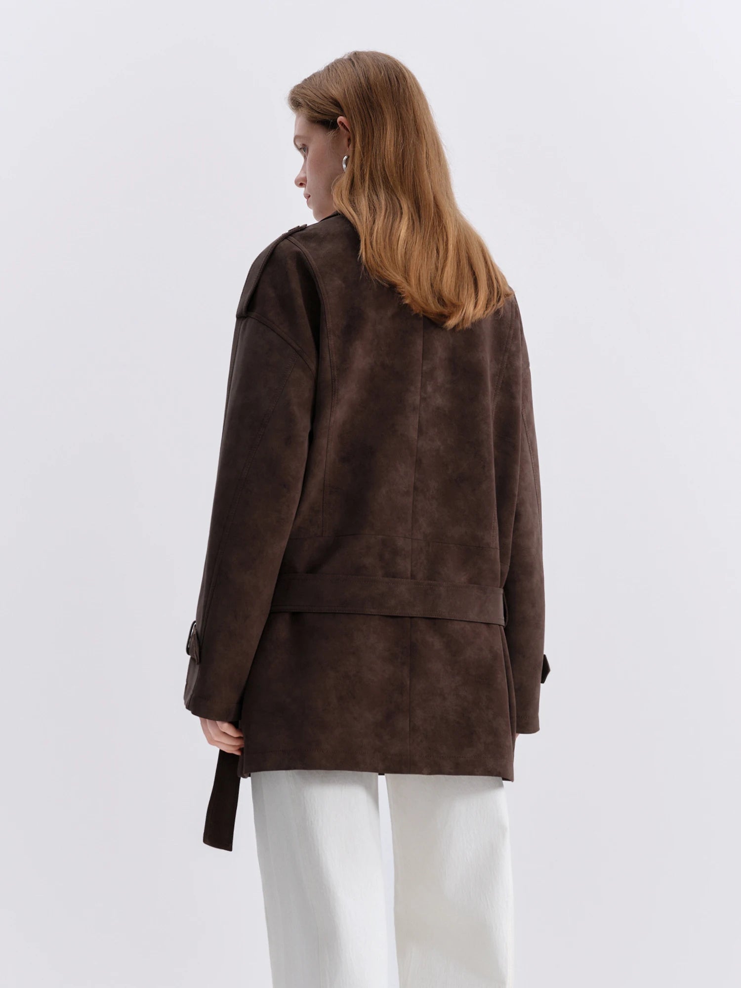 FSLE Retro Double-breasted Lapel Loose Leather Jacket for Women 2025 Winter New Casual Coffee-colored Jacket Loose Fit