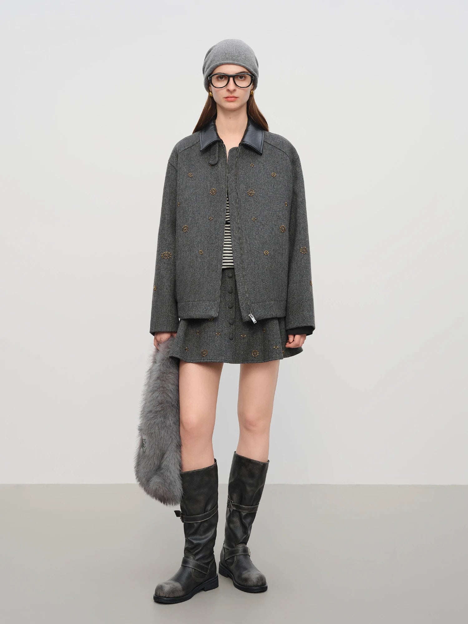 FSLE【Premium Series】Wool Embroidery Patchwork Tweed Coat Women 2025 Winter New Jacket Turn Down Collar Commuting Age-reducing