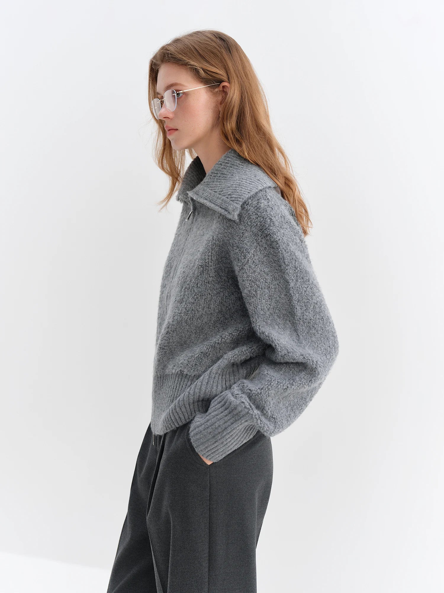 FSLE 2025 Winter Women's Grey Preppy Style Wide Notch Lapel Knit Cardigan - Casual Commute Open Front Sweater for Daily Elegant