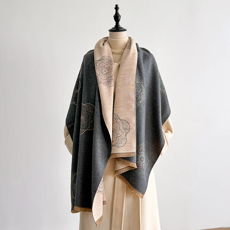 Luxury Designer Brand Winter Blanket Scarf Shawls for Women - Warm Floral Pashmina Print Large Wrap Imitation Cashmere Foulard
