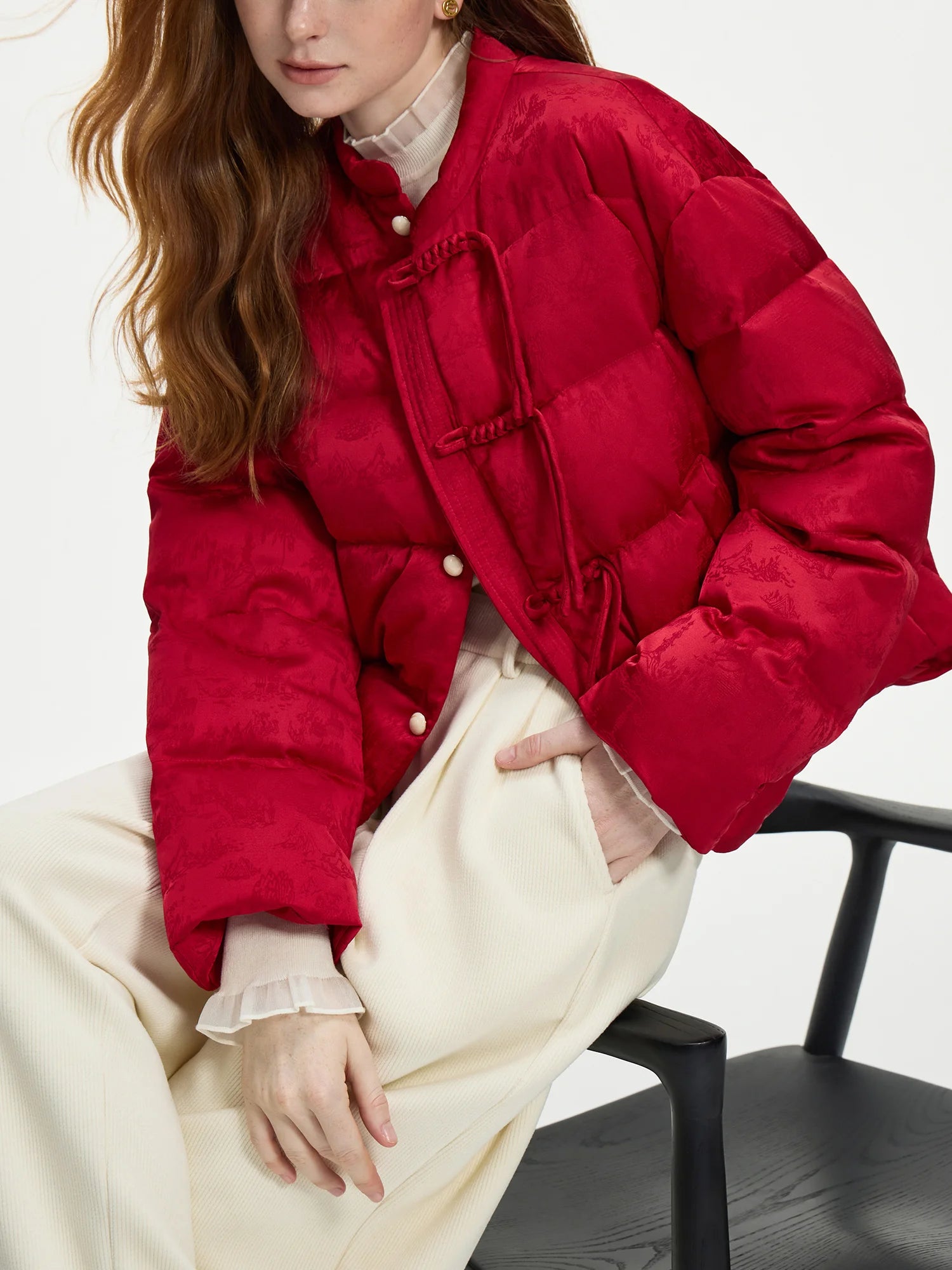 FSLE 115.2G Filling Amount Stand-up Collar New Chinese Style Down Coat For Women 2024 New Jacquard Warm Casual Jacket 24FS14068