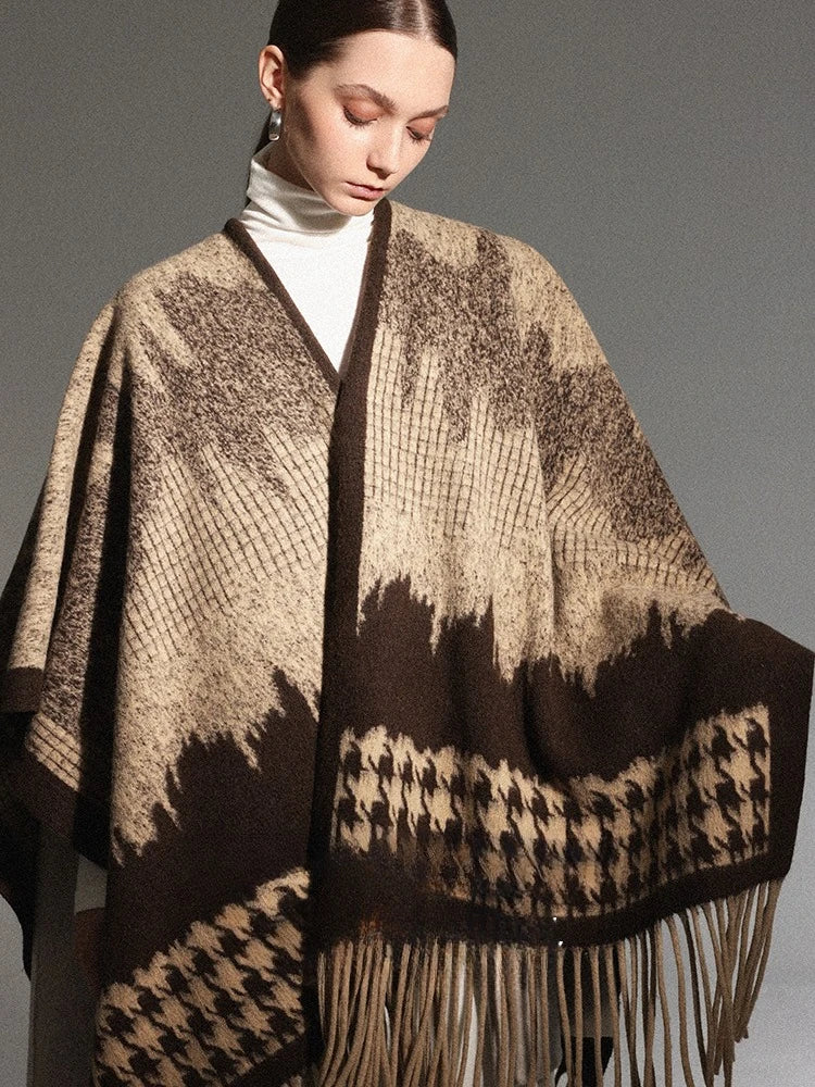 USPOP 2025 Autumn Winter Black Houndstooth Shawl Cape for Women 710g Thickened Oversized Tassel Wrap Scarf Two Way