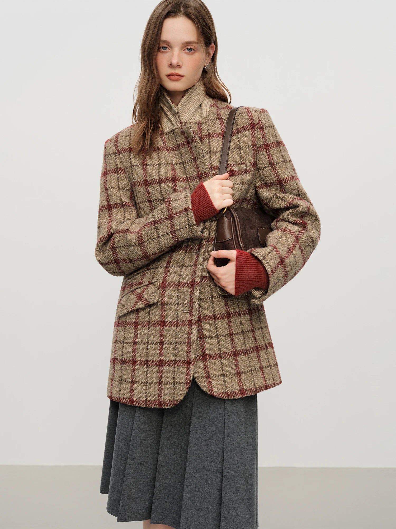 FSLE British Style Retro Check Wool Blazer Jacket Women Fall Winter 2025 New Arrival Short Coat Women Tow Color Tailored Coat