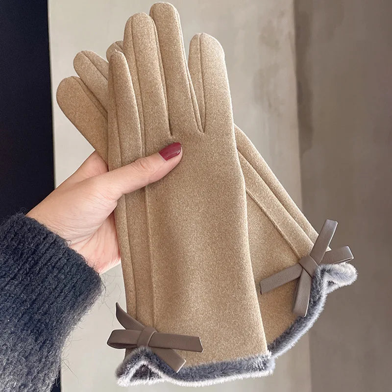 Winter women's gloves with touch screen for driving and cycling, thickened fleece for warmth and warmth, Korean version gentle