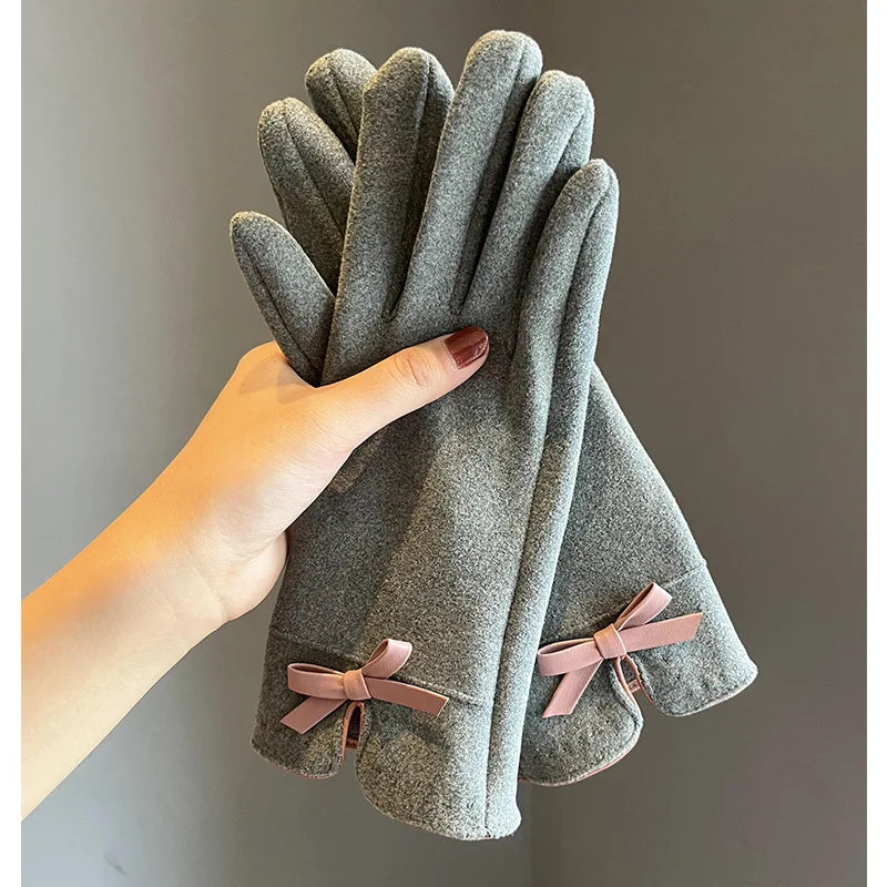 Winter women's gloves with touch screen for driving and cycling, thickened fleece for warmth and warmth, Korean version gentle