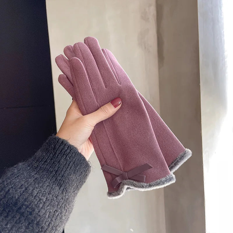 Winter women's gloves with touch screen for driving and cycling, thickened fleece for warmth and warmth, Korean version gentle