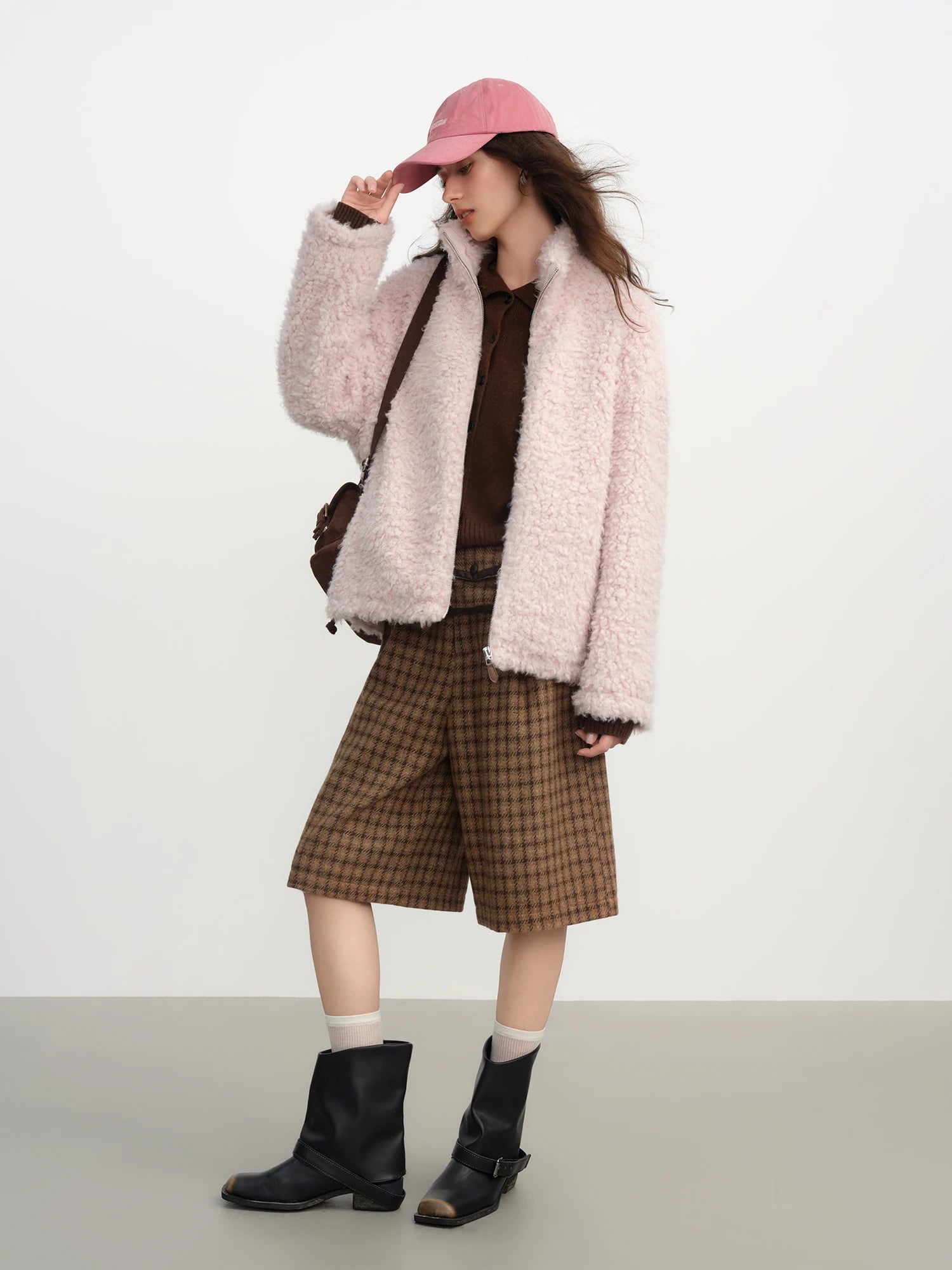 FSLE 2025 Winter New Women's Short Style Faux Fur Turndown Stand Collar Gentle and Soft Pink Textured Velvet Women Jacket