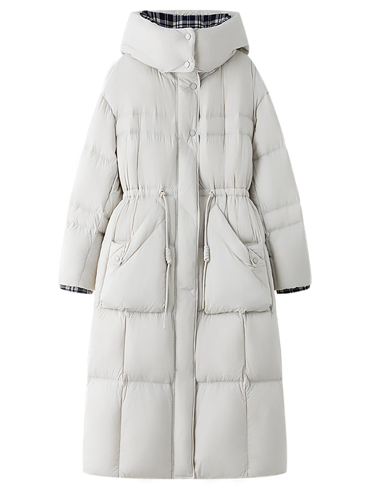 ​FSLE 2025 Winter Women's Stand Collar Hooded Long Down Coat Waist-Defining Design - Retro Style Outerwear for Casual