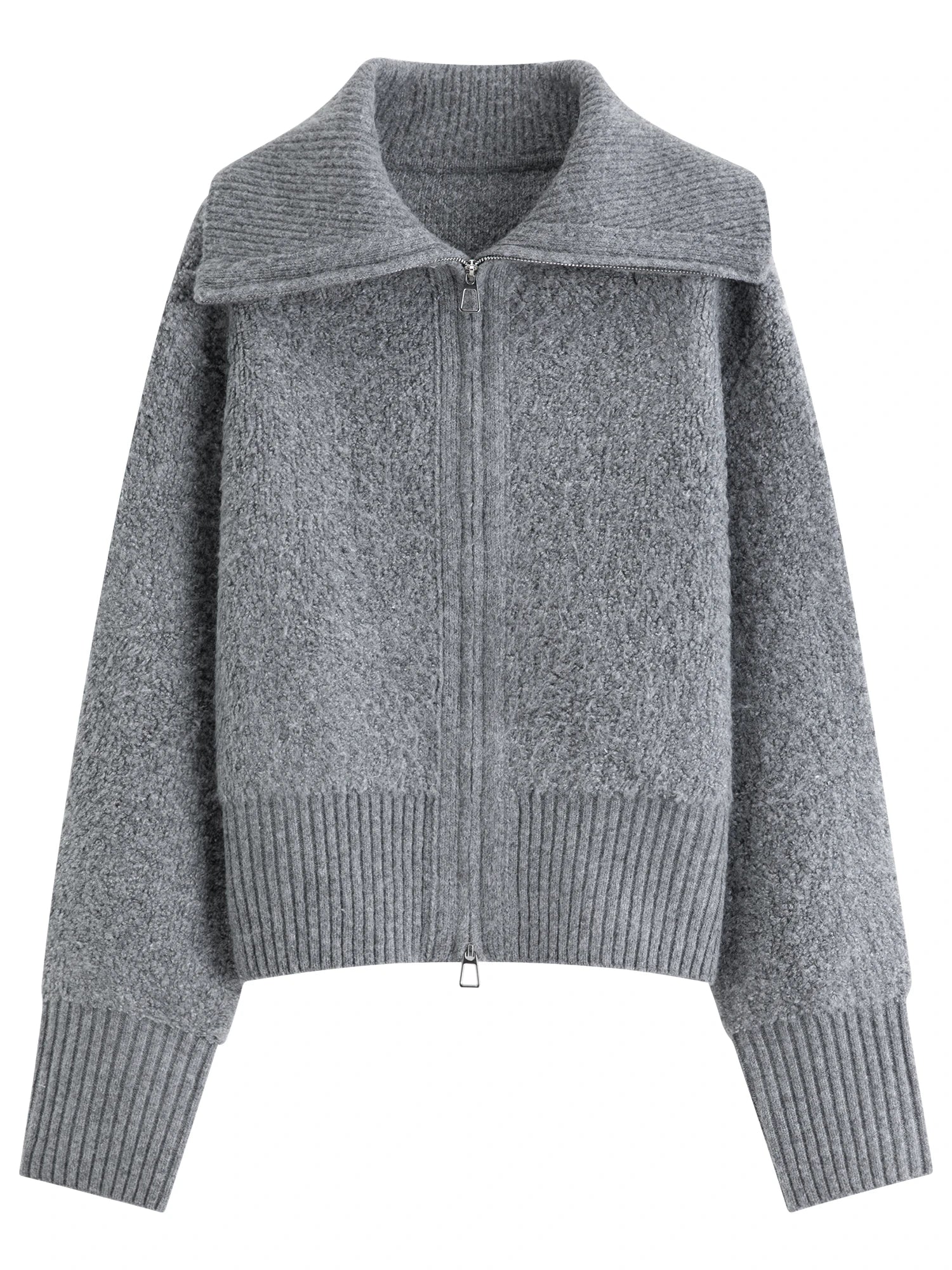 FSLE 2025 Winter Women's Grey Preppy Style Wide Notch Lapel Knit Cardigan - Casual Commute Open Front Sweater for Daily Elegant