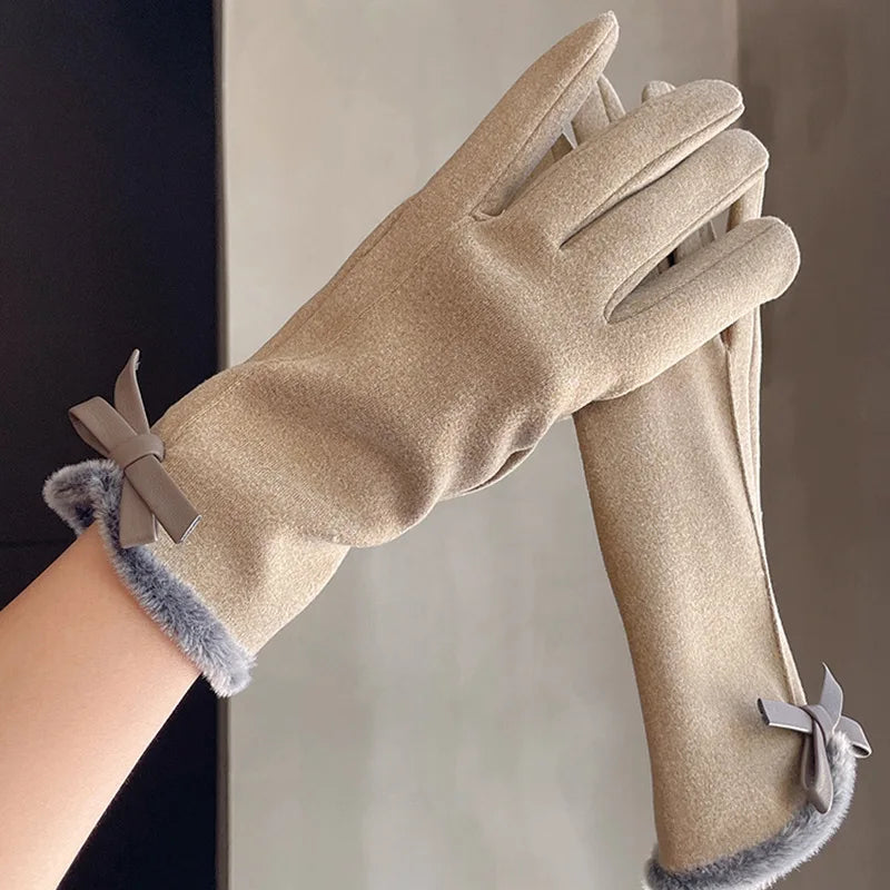 Winter women's gloves with touch screen for driving and cycling, thickened fleece for warmth and warmth, Korean version gentle
