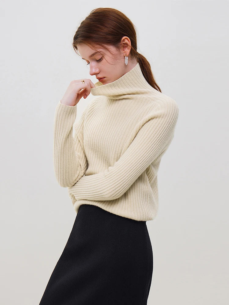 FSLE Warm Soft Pure Wool High Neck Knit For Women's Autumn Winter 2023 New Underlay Black White Grey Women Pullovers Casual