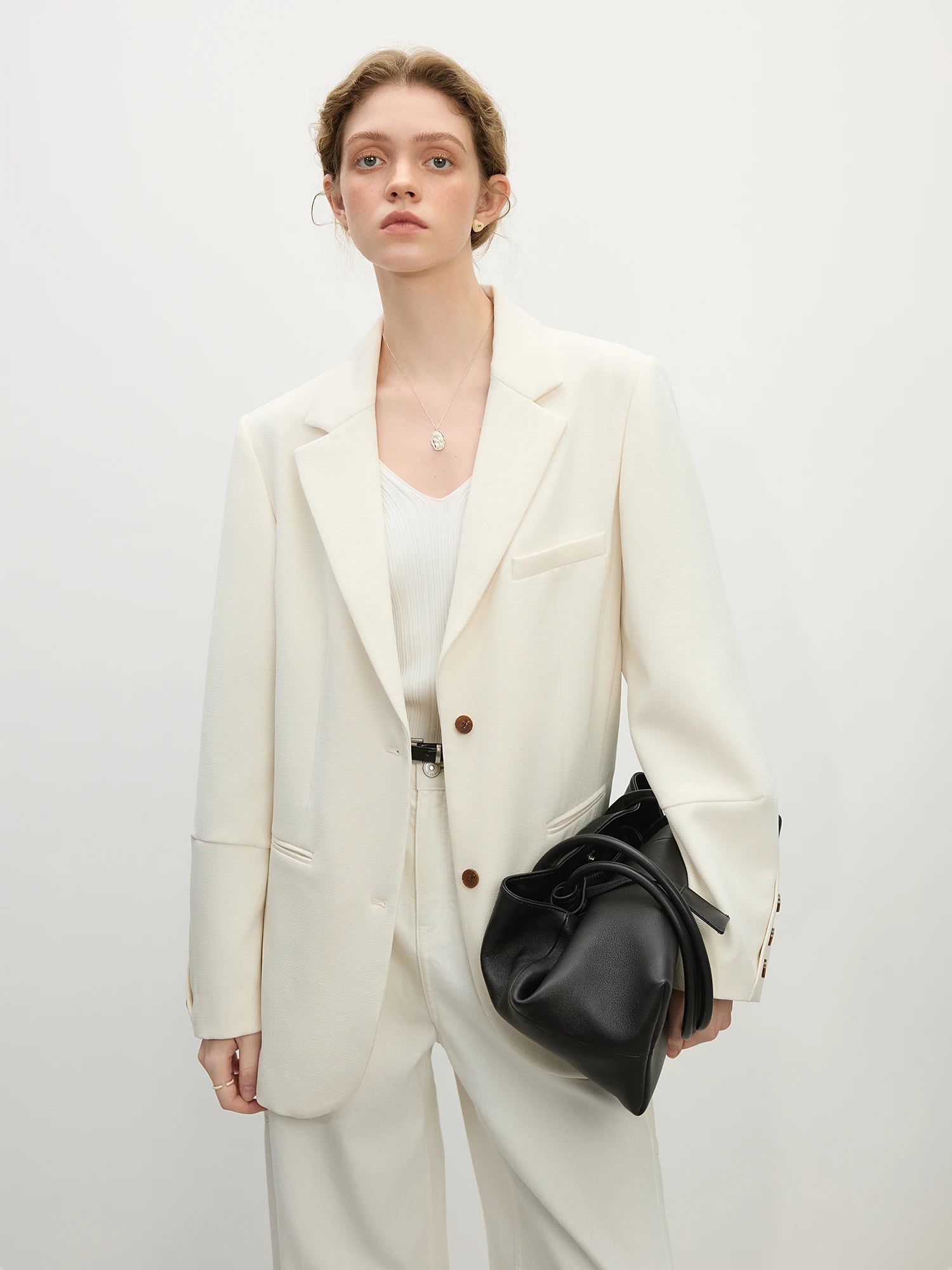 FSLE Women Beige Blazer Coats 2025 Spring New Casual Commuter Loose Blazer Notched Collar Single Breasted Jackets 25FS11064