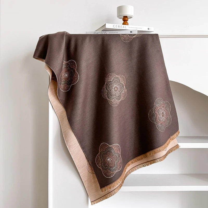 Luxury Designer Brand Winter Blanket Scarf Shawls for Women - Warm Floral Pashmina Print Large Wrap Imitation Cashmere Foulard