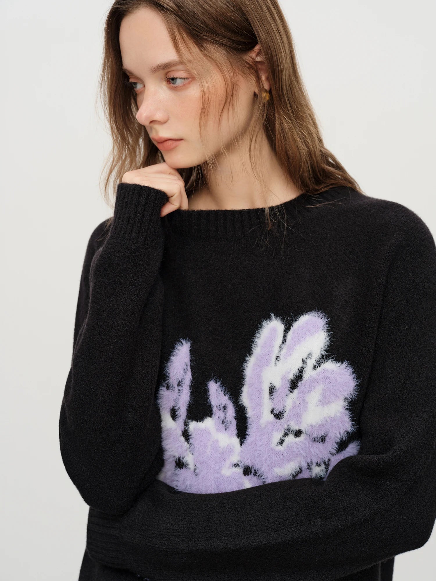 FSLE Winter 2025 Women's Floral Jacquard Knit Sweater - French Style Round Neck Pullover Warm Cozy Versatile Top