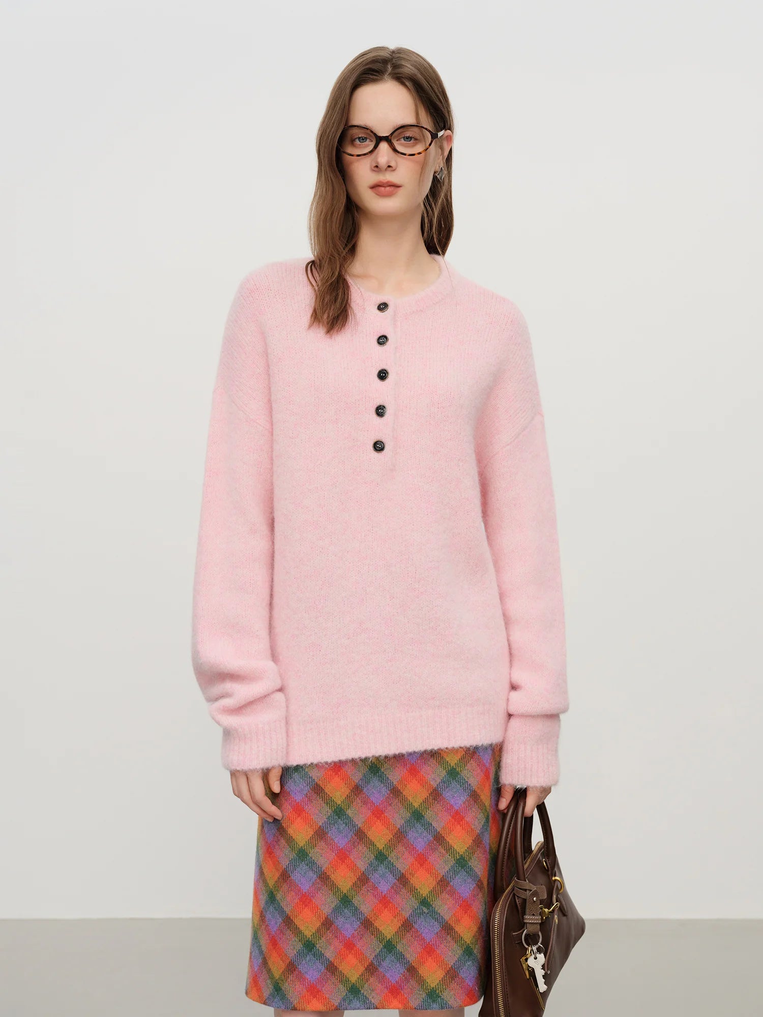 FSLE 2025 Winter Women's Henley Neck Alpaca Wool Blend Sweater - Minimalist Oversized Stand Collar Top for Casual Comfort