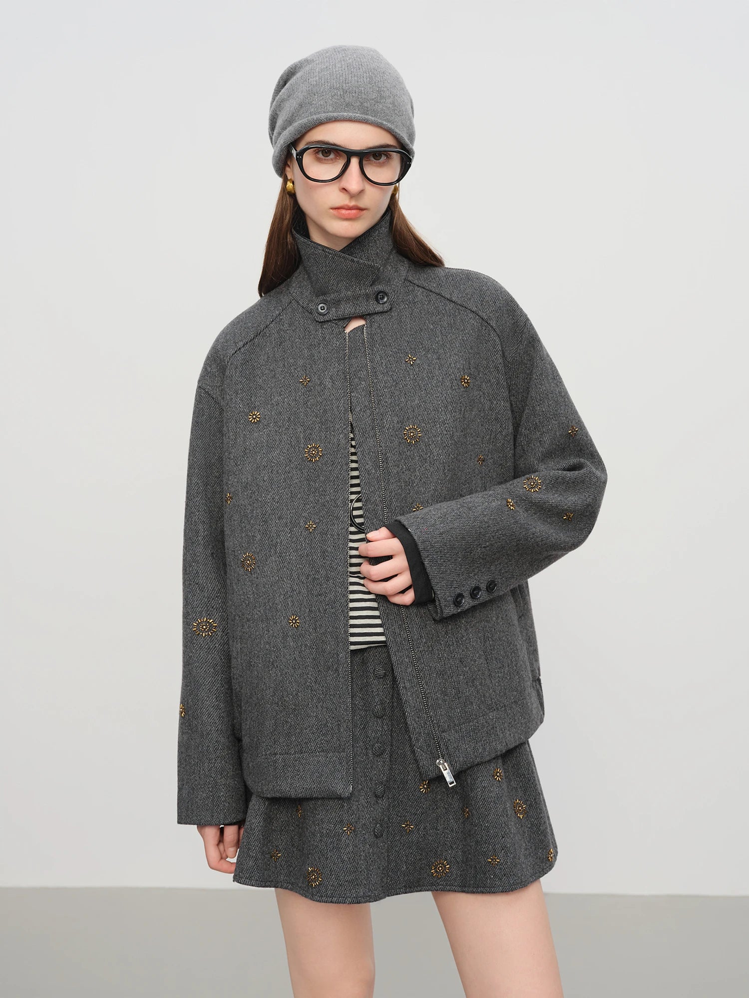 FSLE【Premium Series】Wool Embroidery Patchwork Tweed Coat Women 2025 Winter New Jacket Turn Down Collar Commuting Age-reducing