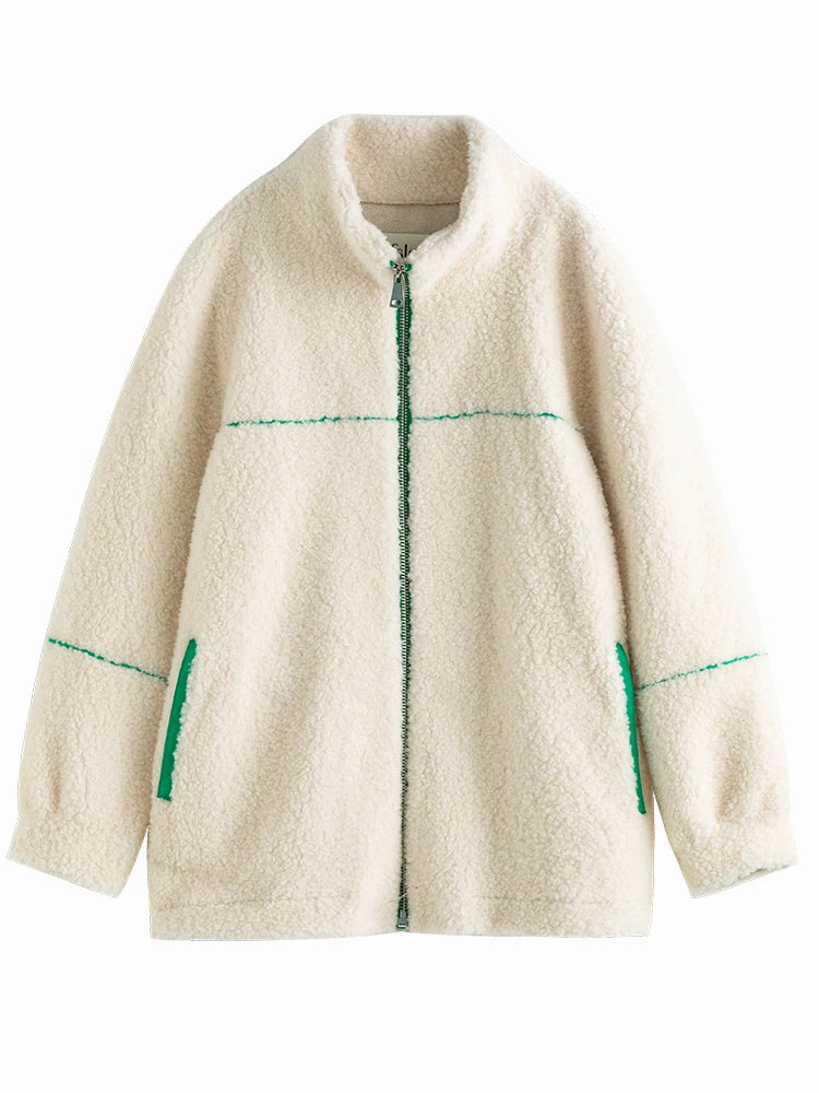 FSLE Women Korean Style Sports Fur Coats 2022 Winter Simple Stand Collar Women Zipper Design Fur Jackets Straight Warm Coat