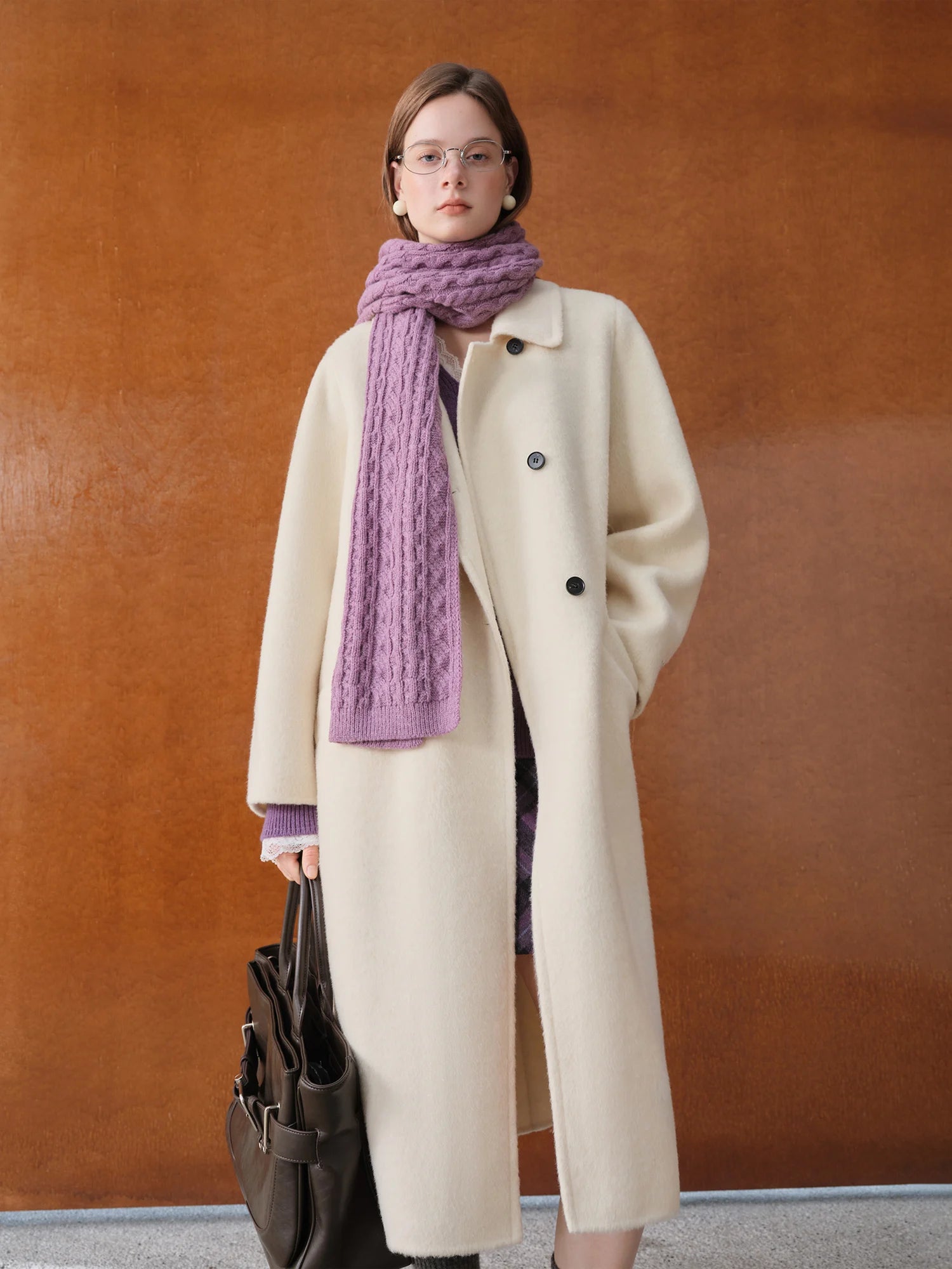 FSLE 2025 Women's Yak Wool Blend Coat - Peter Pan Collar Double Breasted Winter Trench with Flattering Silhouette Office Elegant