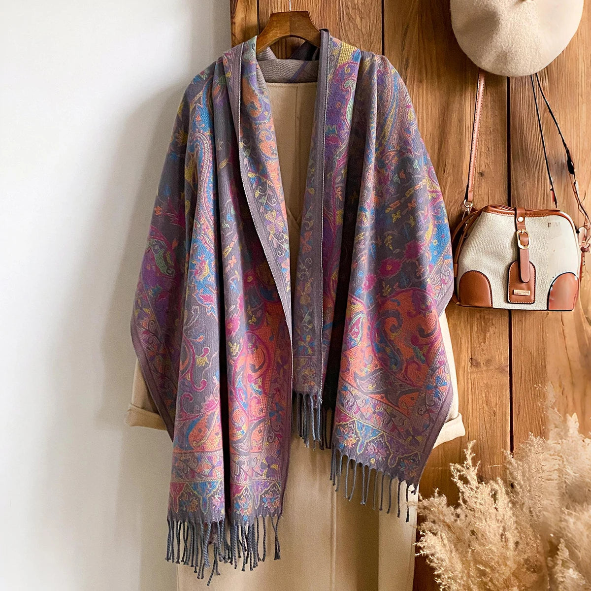 Winter Women's Thick Pashmina Shawl National Style Warm Long Tassel Scarf with Flower Embellishment Versatile Poncho Stole
