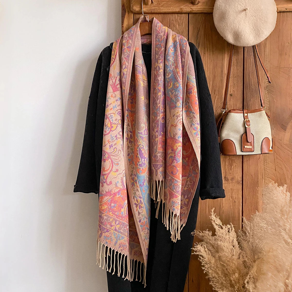 Winter Women's Thick Pashmina Shawl National Style Warm Long Tassel Scarf with Flower Embellishment Versatile Poncho Stole